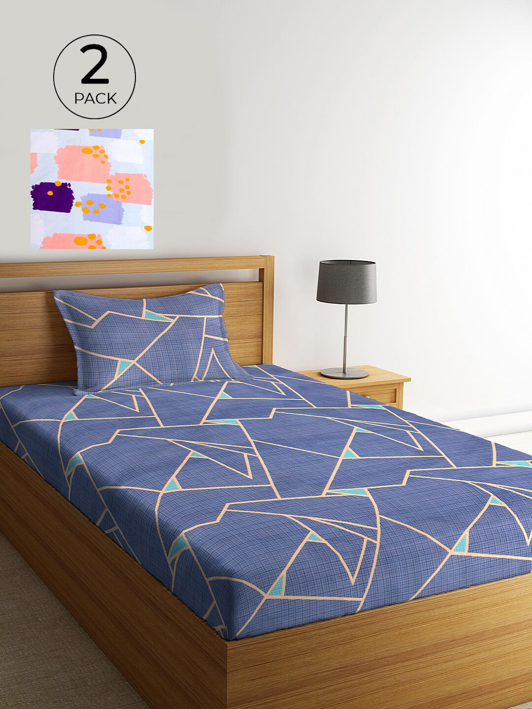 

KLOTTHE Set Of 2 Blue & Yellow Geometric 210 TC Single Bedsheet with 2 Pillow Covers