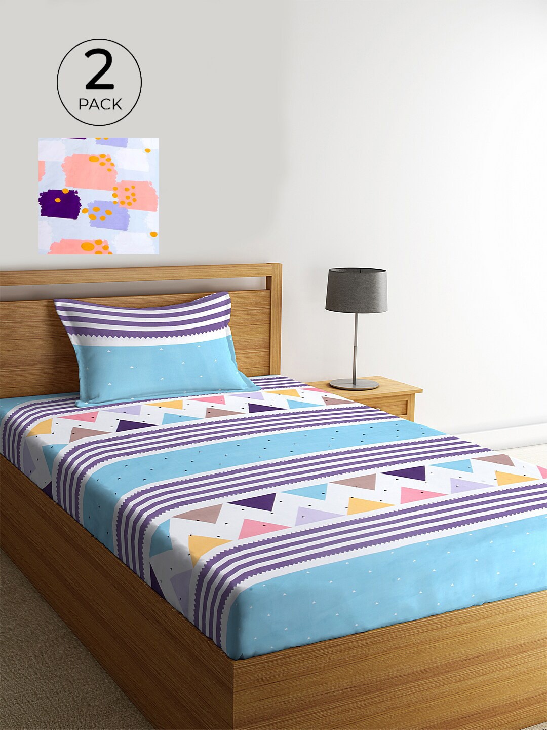 

KLOTTHE Set Of 2 Blue & Pink Geometric 210 TC Single Bedsheet with 2 Pillow Covers, Turquoise blue