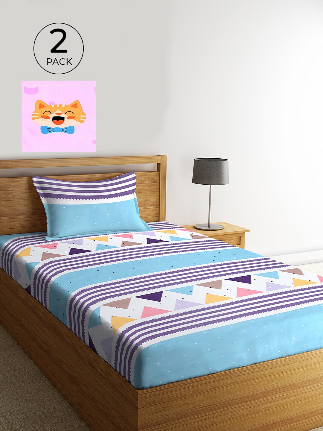 

KLOTTHE Set Of 2 Blue & Violet Striped 210 TC Single Bedsheet with 2 Pillow Covers