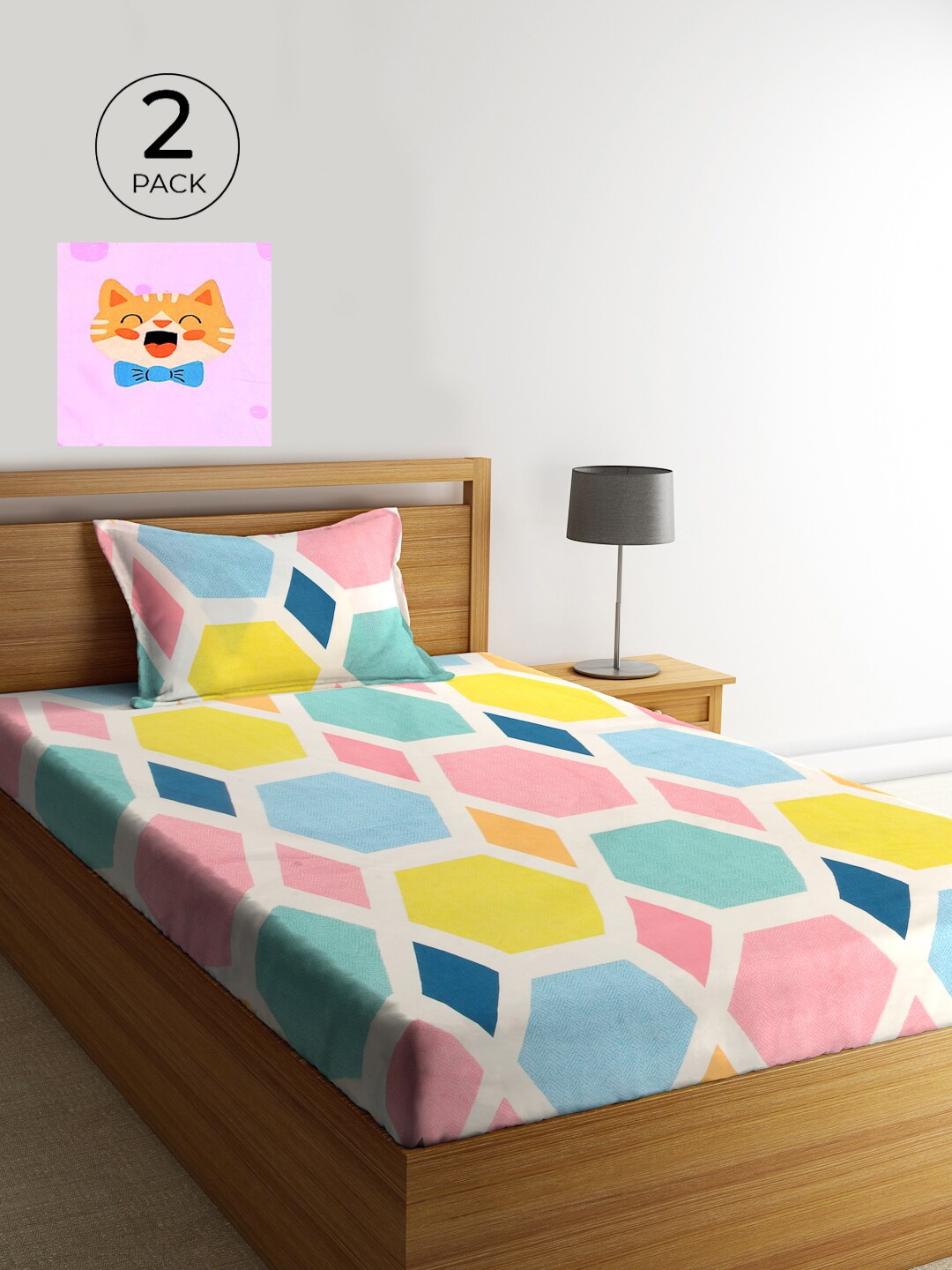 

KLOTTHE Set Of 2 Pink & Blue Geometric 210 TC Single Bedsheet with 2 Pillow Covers