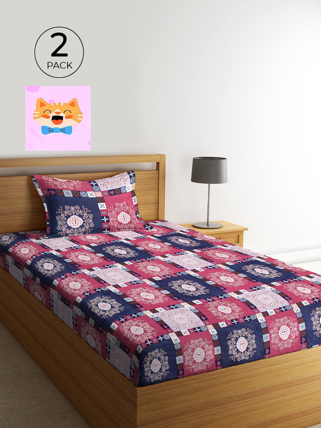 

KLOTTHE Set Of 2 Pink & Navy Blue Geometric 210 TC Single Bedsheet with 2 Pillow Covers