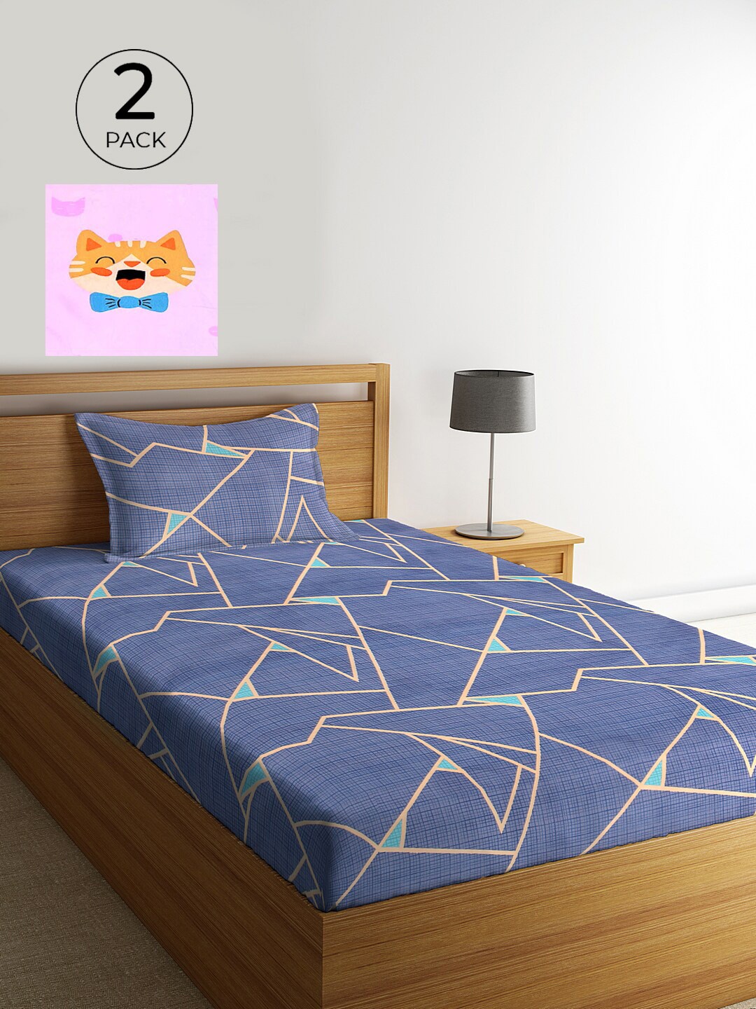 

KLOTTHE Set of 2 Blue & Pink Geometric 210 TC Single Bedsheets with 2 Pillow Covers