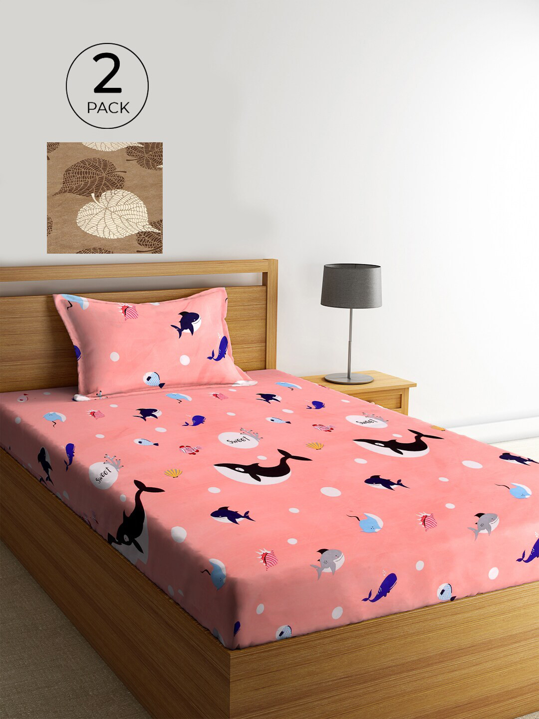 

KLOTTHE Set of 2 Coral & Brown Cartoon 210 TC Single Bedsheets with 2 Pillow Covers