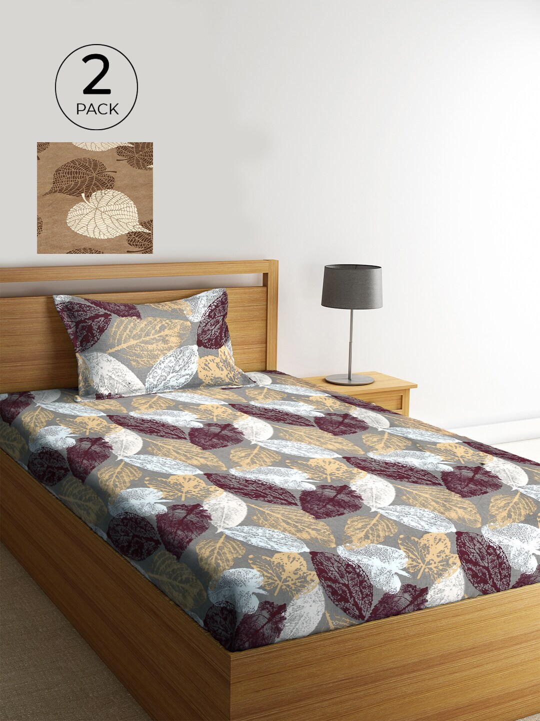 

KLOTTHE Set of 2 Grey & Brown Floral 210 TC Single Bedsheets with 2 Pillow Covers