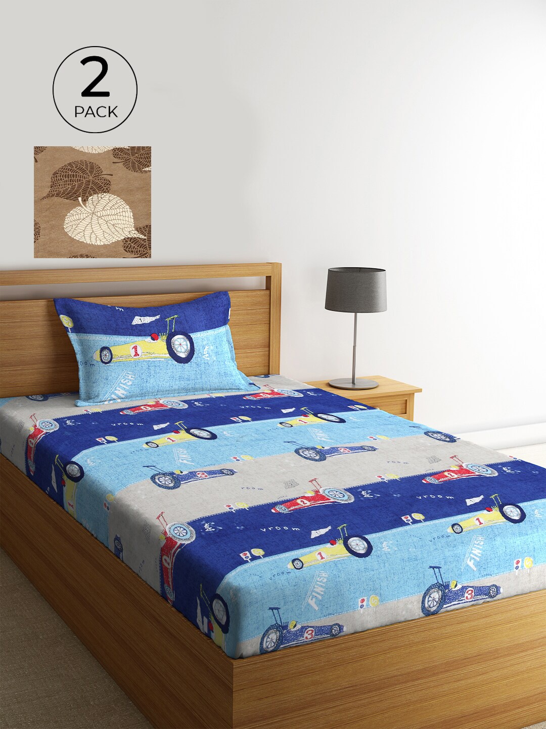 

KLOTTHE Set of 2 Blue & Brown Cartoon 210 TC Single Bedsheets with 2 Pillow Covers