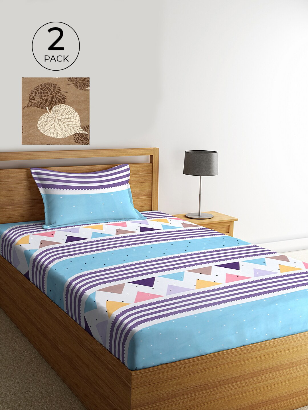 

KLOTTHE Set of 2 Blue & Brown Geometric 210 TC Single Bedsheets with 2 Pillow Covers