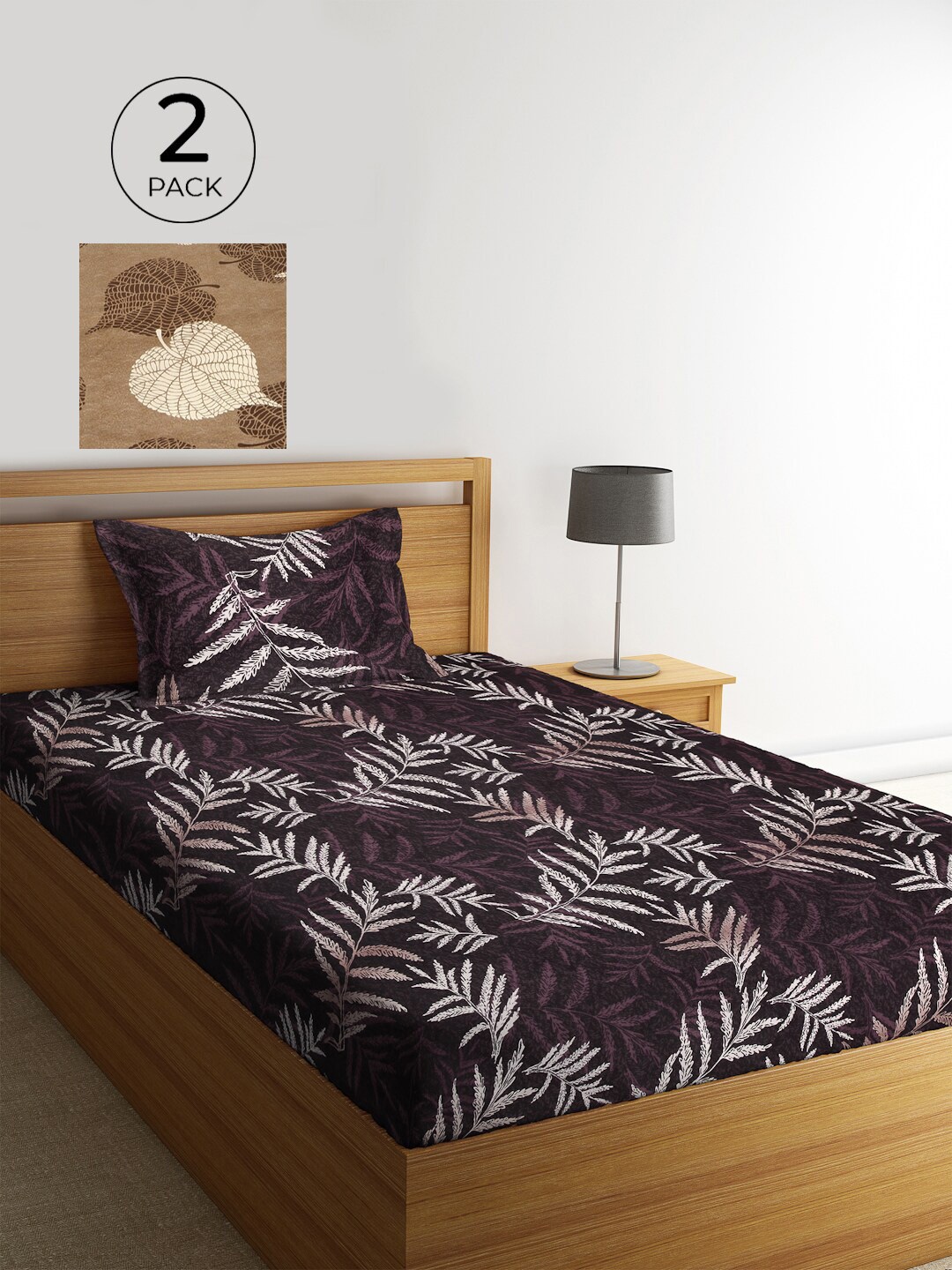 

KLOTTHE Set of 2 Brown & Khaki Floral 210 TC Single Bedsheets with 2 Pillow Covers