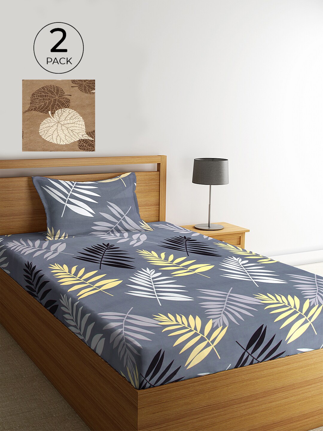 

KLOTTHE Set of 2 Grey & Brown Floral 210 TC Single Bedsheets with 2 Pillow Covers