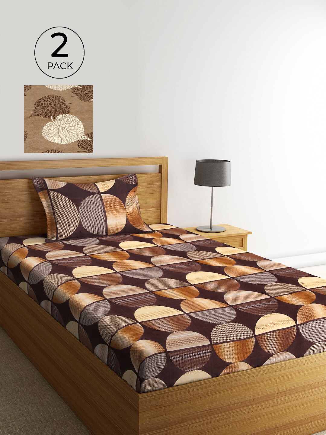 

KLOTTHE Set of 2 Brown & Beige Geometric 210 TC Single Bedsheets with 2 Pillow Covers