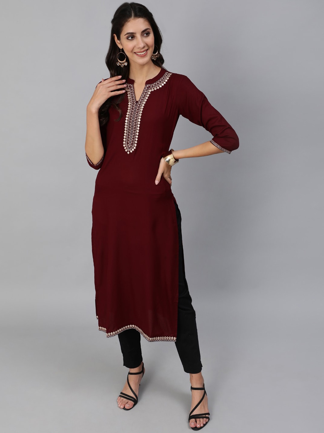 

Nayo Women Burgundy Yoke Design Mirror Work Straight Kurta