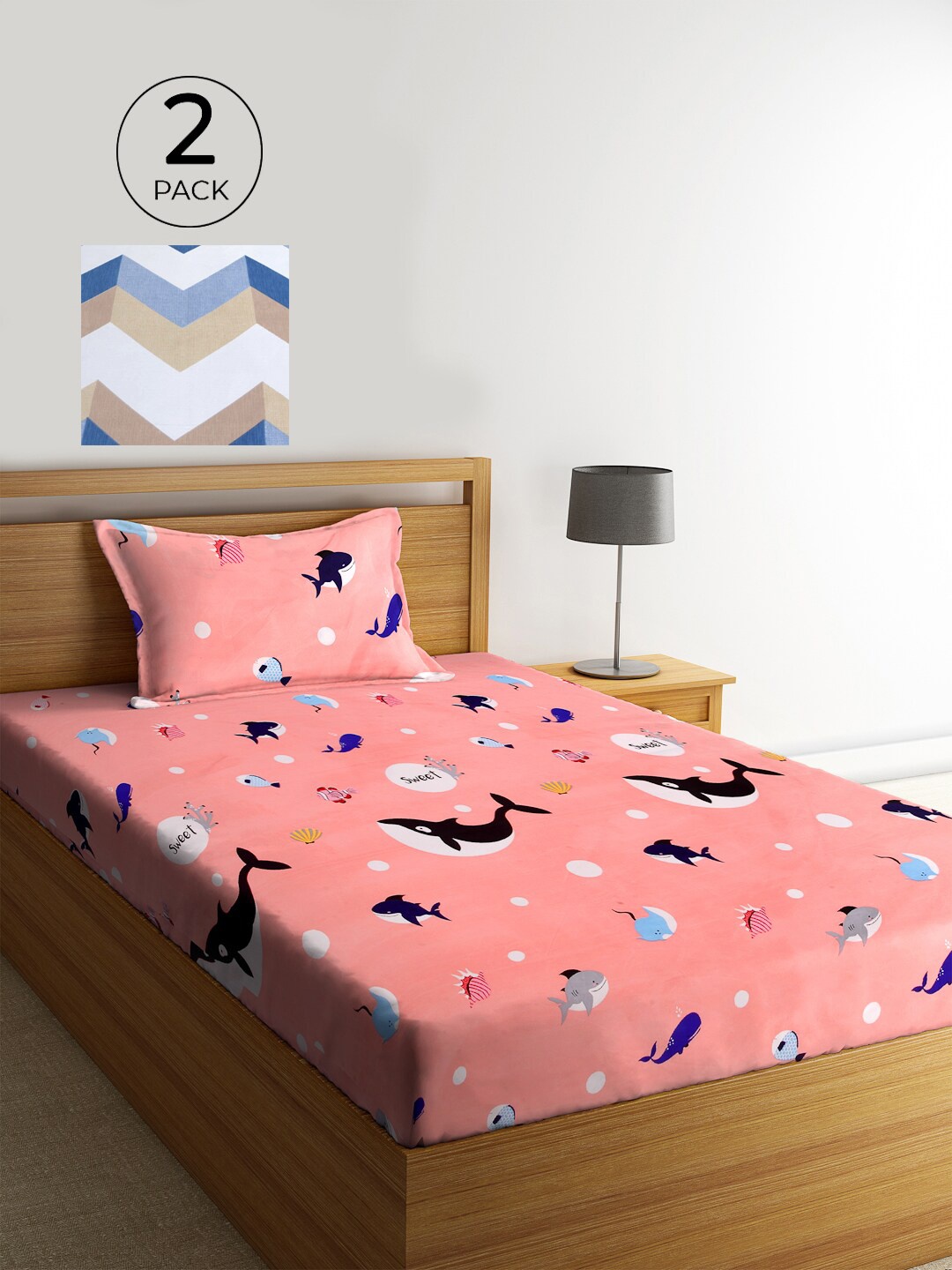 

KLOTTHE Set of 2 Pink & Blue Cartoon 210 TC Single Bedsheets with 2 Pillow Covers
