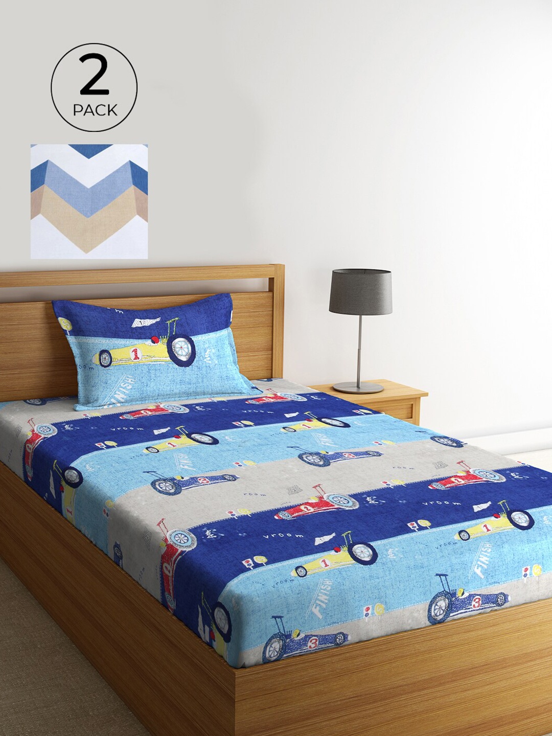 

KLOTTHE Set of 2 Blue & White Cartoon 210 TC Single Bedsheets with 2 Pillow Covers