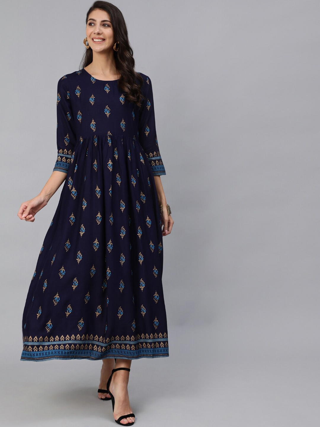 

Nayo Navy Blue & Gold-Coloured Ethnic Motifs Printed Ethnic Maxi Dress