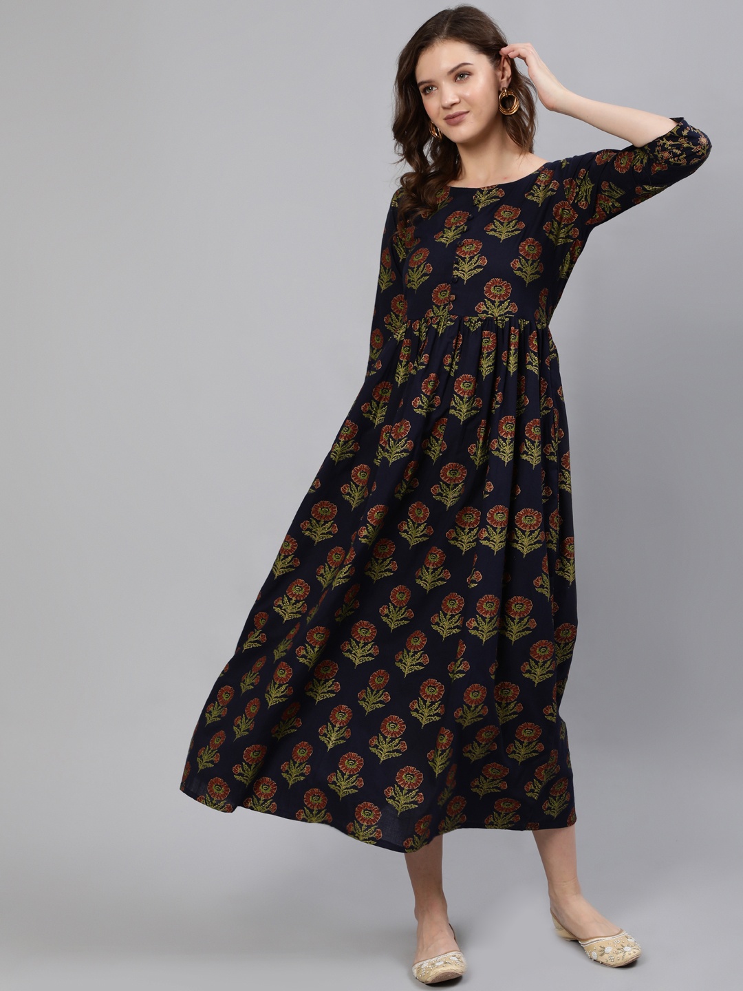 

Nayo Navy Blue & Green Ethnic Motifs Printed Ethnic A-Line Maxi Dress