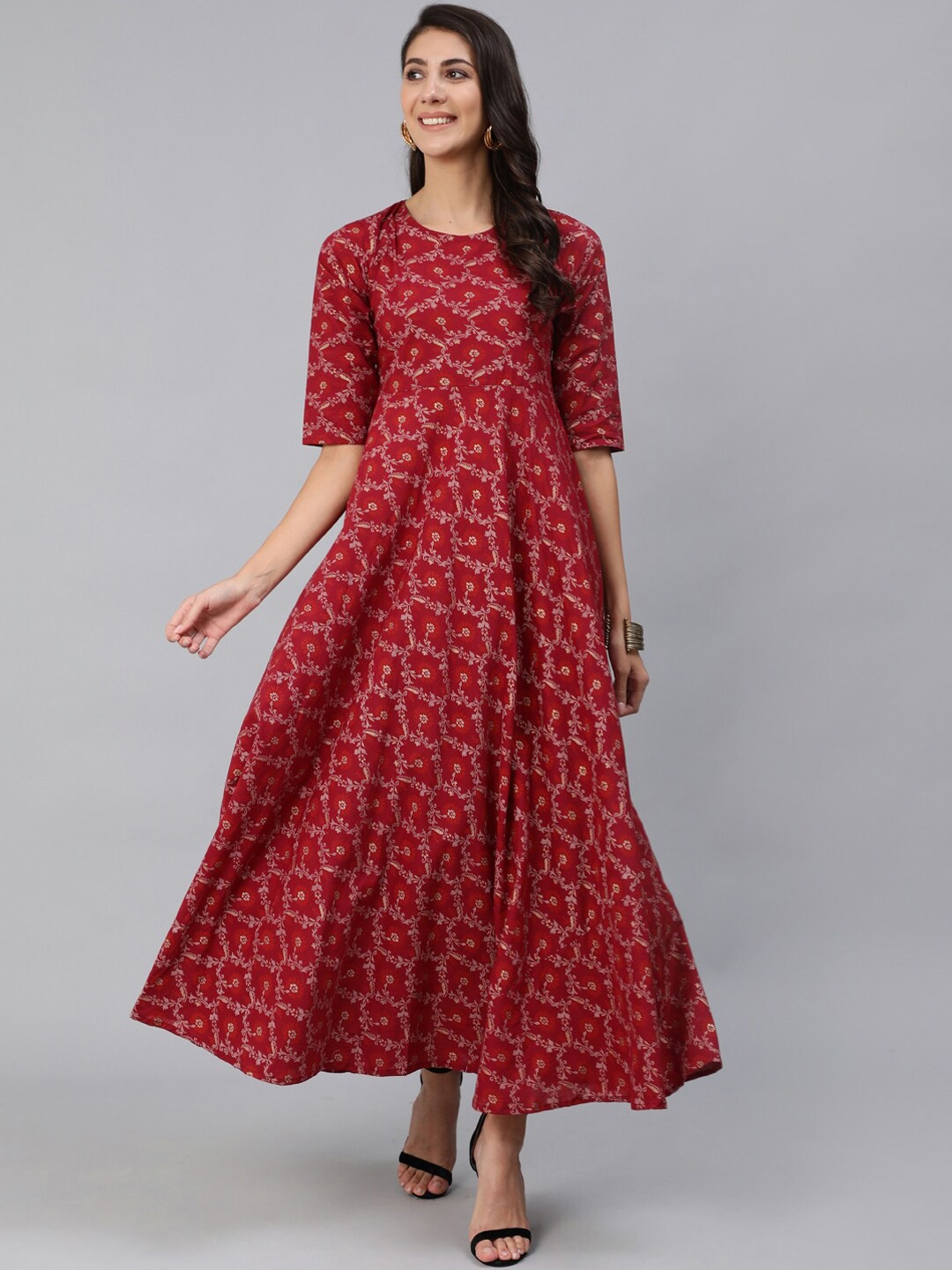 

Nayo Maroon & Gold-Coloured Floral Printed Ethnic Maxi Dress