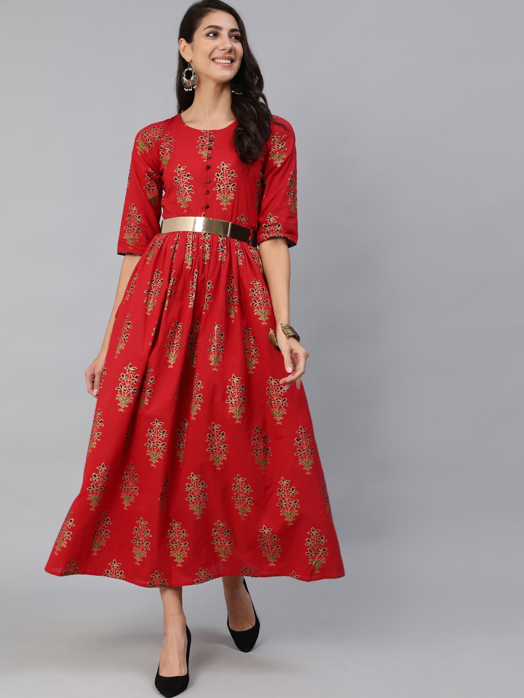 

Nayo Red & Gold-Colourec Ethnic Motifs Printed Ethnic A-Line Maxi Dress