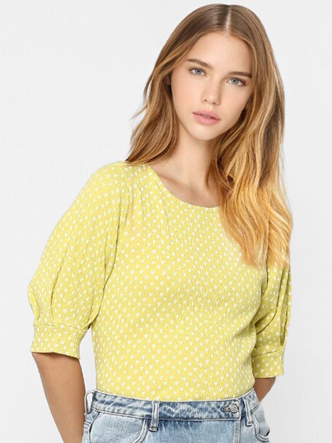 

ONLY Women Yellow & White Printed Regular Top
