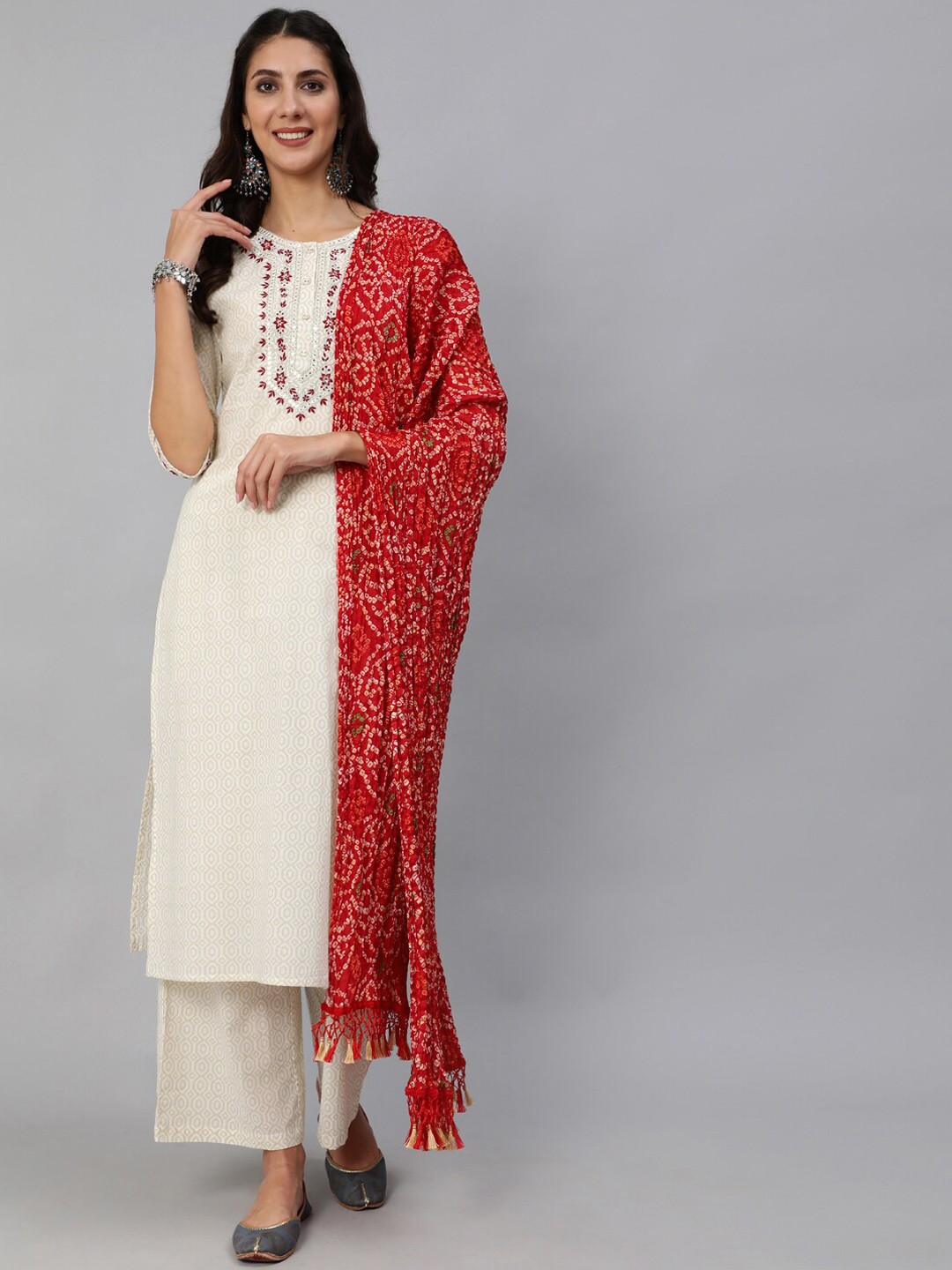 

Nayo Women Cream-Coloured & Red Mirror Work Pure Cotton Kurta with Palazzos & Dupatta