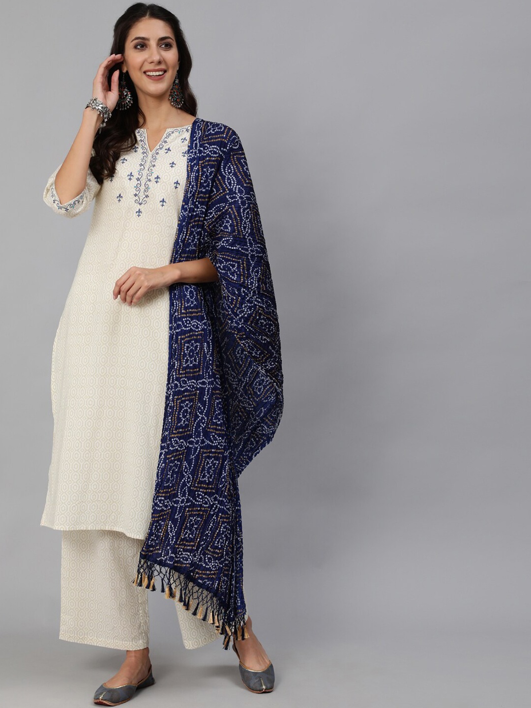 

Nayo Women Cream-Coloured & Blue Mirror Work Pure Cotton Kurta with Palazzos & Dupatta