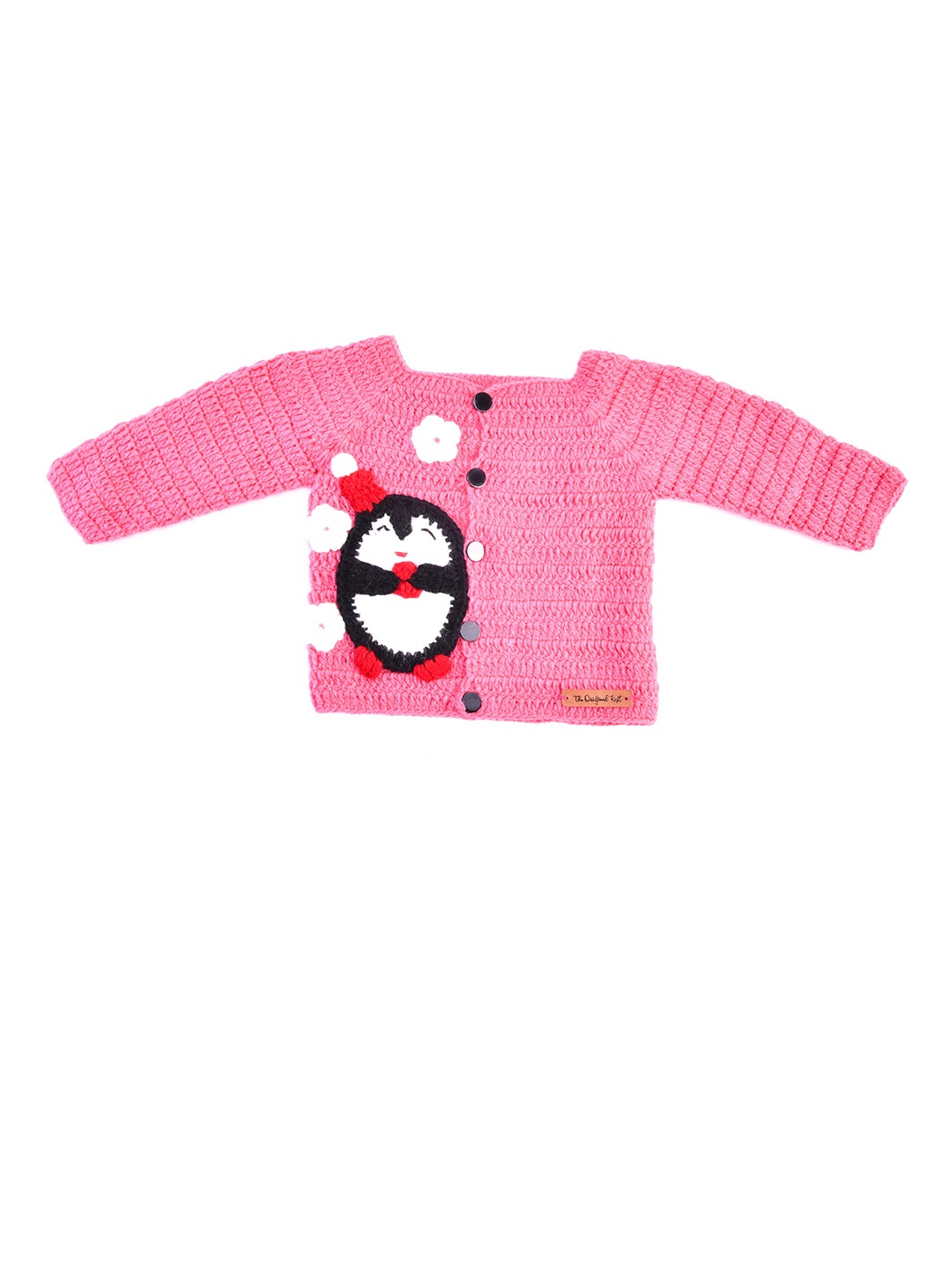 

The Original Knit Unisex Kids Rose & Black Handmade Cardigan with Applique Detail