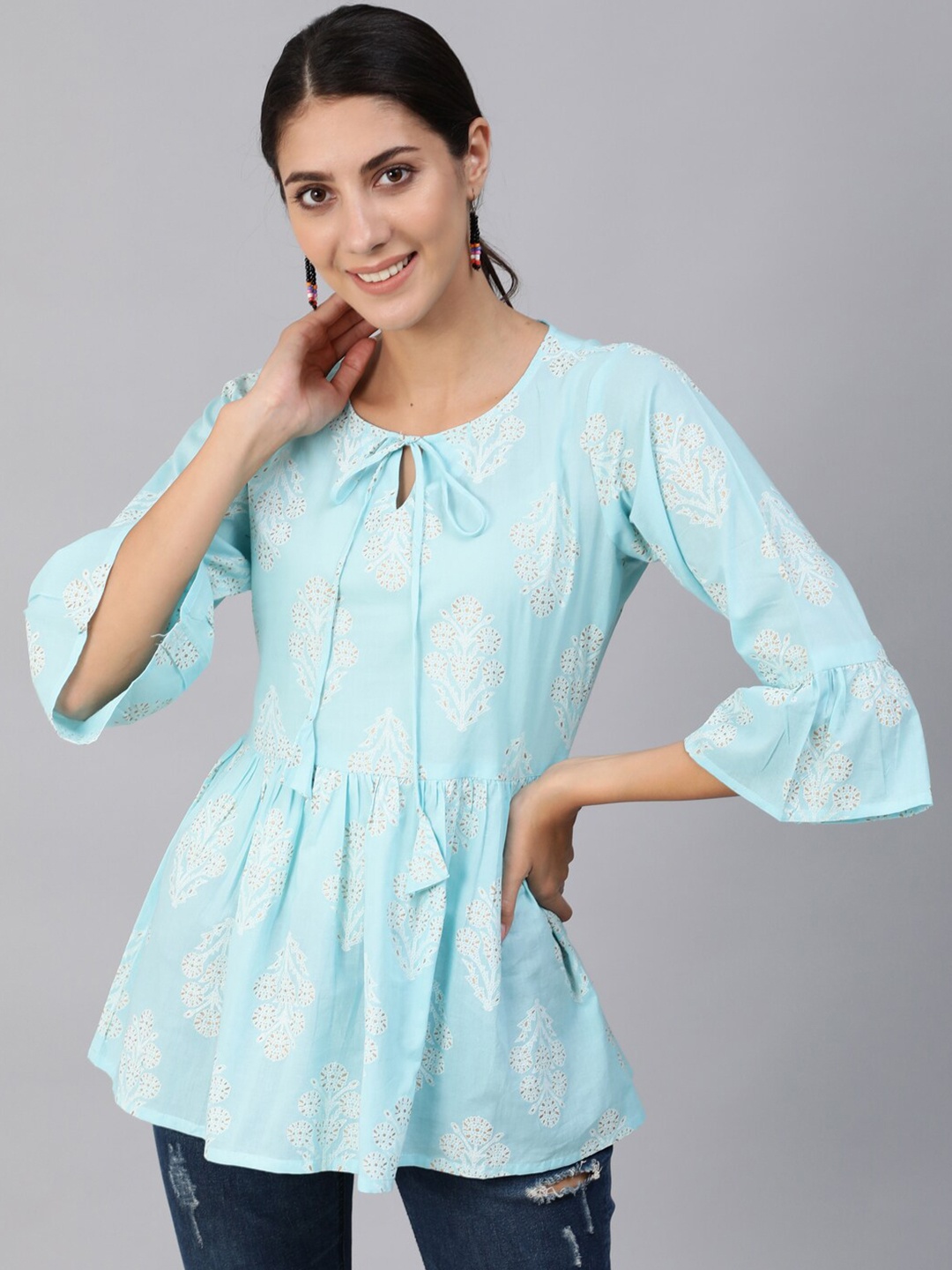 

Nayo Blue & Gold-Coloured Ethnic Motifs Printed Tie-Up Neck Cinched Waist Longline Top