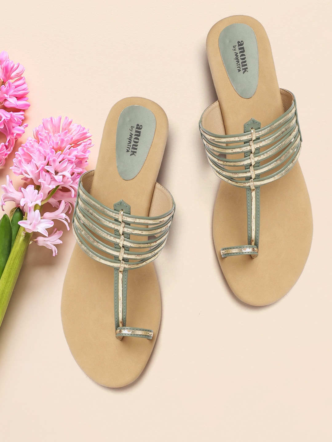 

Anouk Green & Gold-Toned Striped Ethnic Wedges
