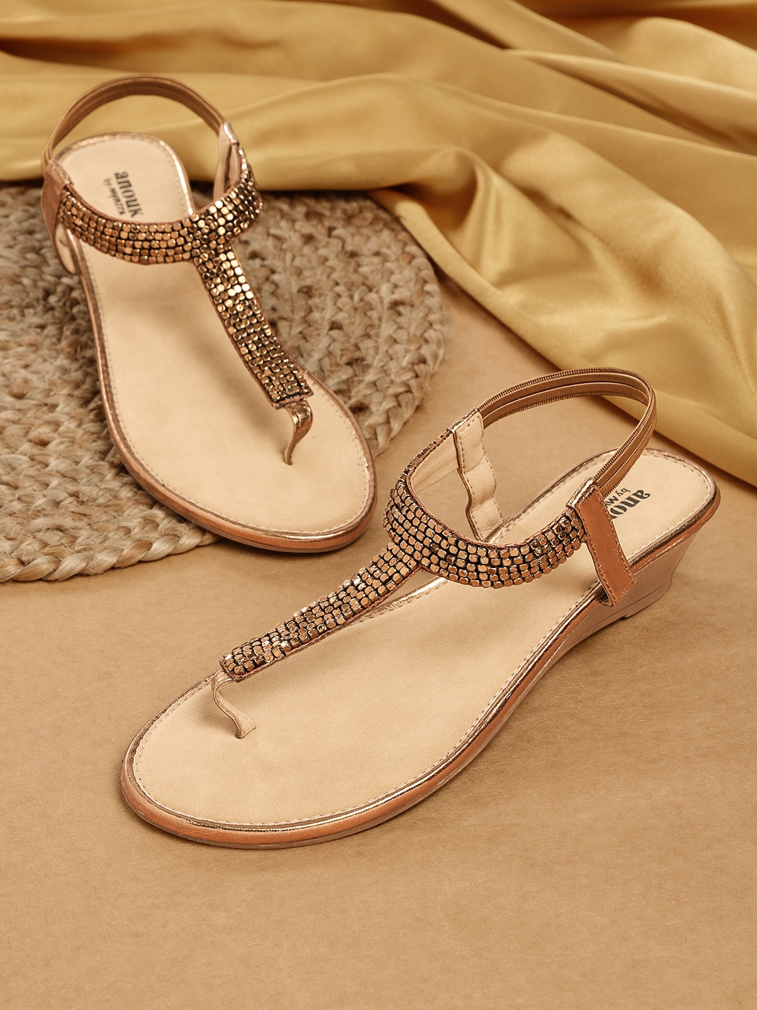 

Anouk Gold-Toned Embellished Ethnic T-Strap Wedges