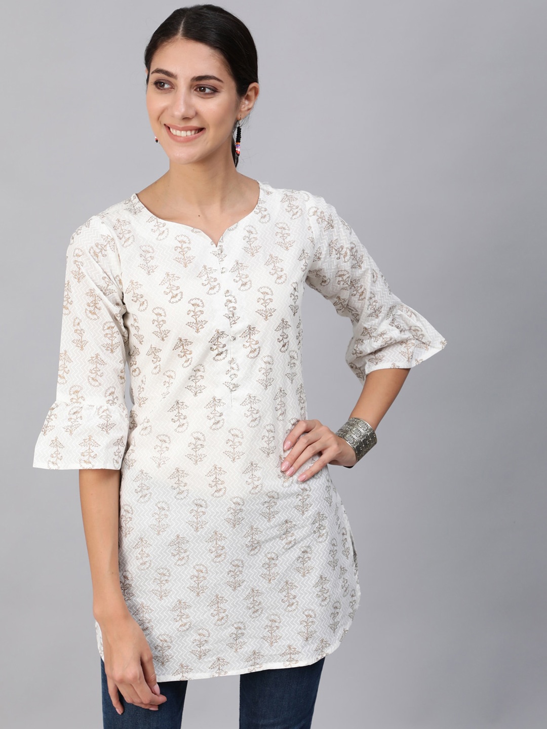

Nayo Off White & Gold-Coloured Ethnic Motifs Printed Flared Sleeves Cotton A-line Kurti