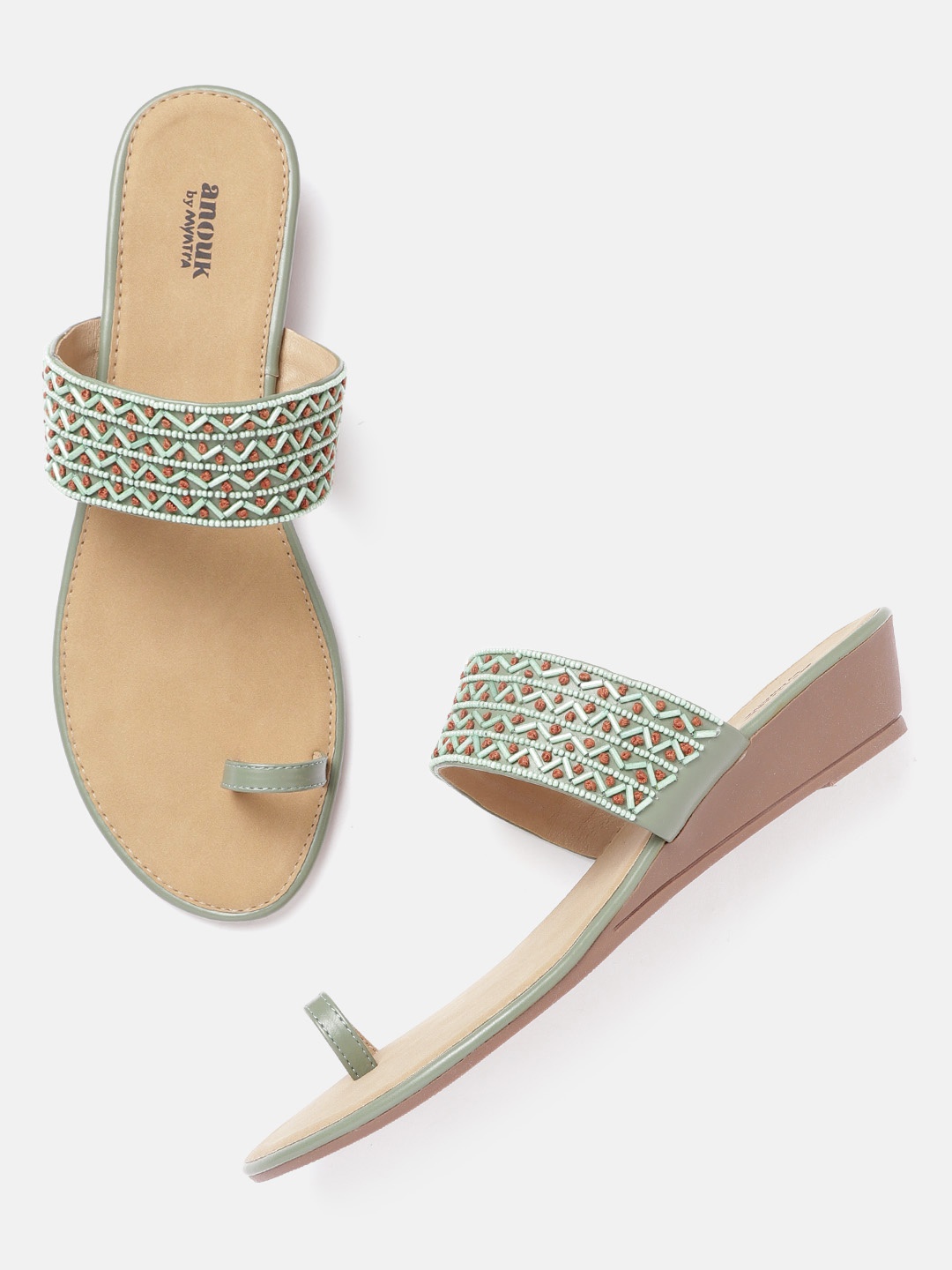

Anouk Sea Green Embellished Ethnic One-Toe Wedges