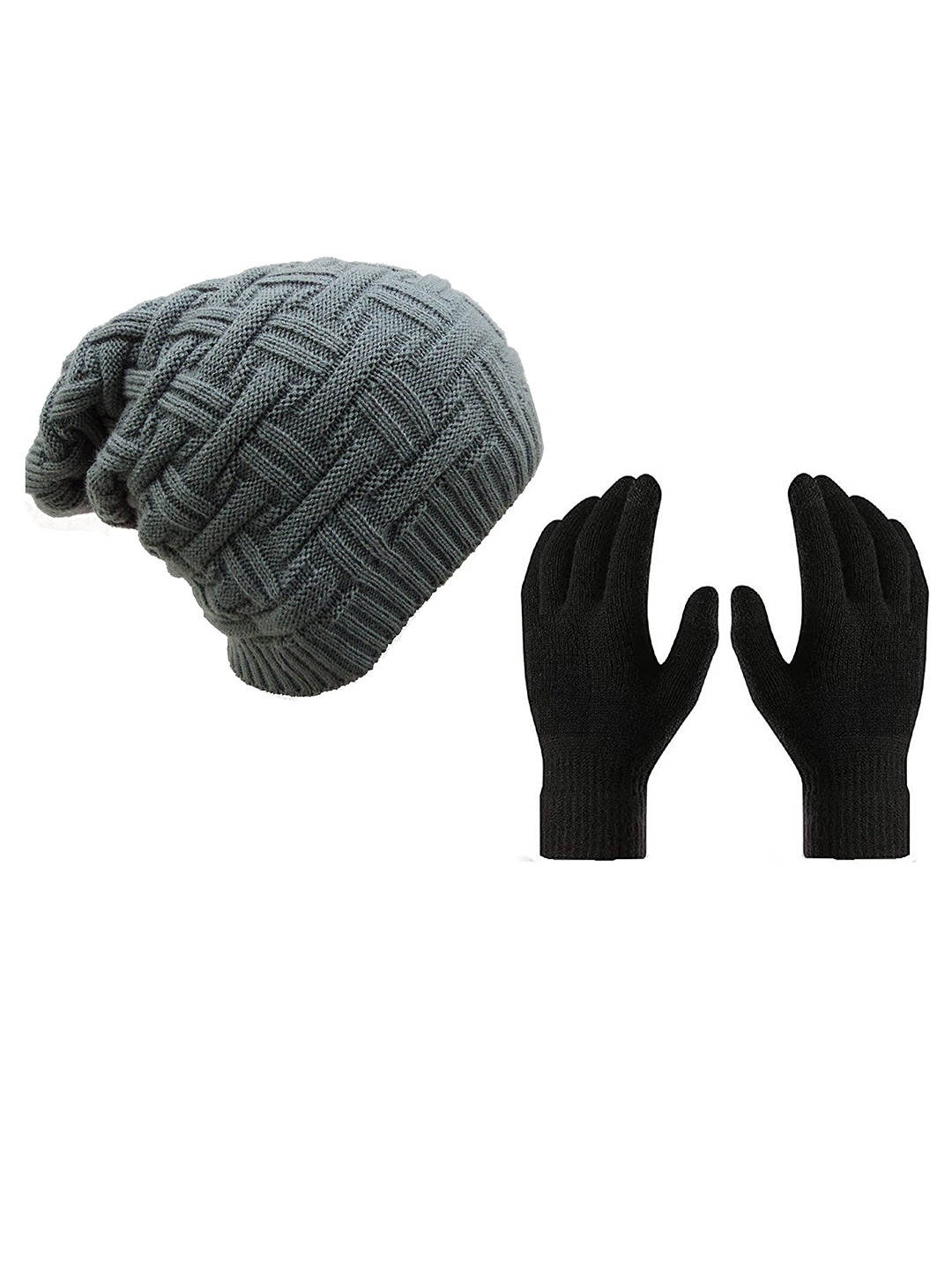 

Gajraj Unisex Grey Woolen Beanie with Black Gloves Set