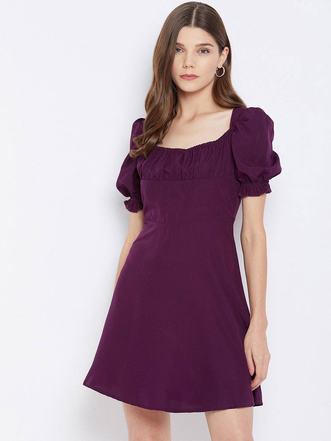 

U&F Puff Sleeves Crepe A-Line Dress, Purple