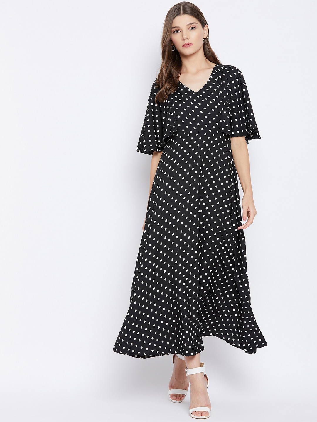 

U&F Black Polka Dot Printed Crepe Maxi Dress