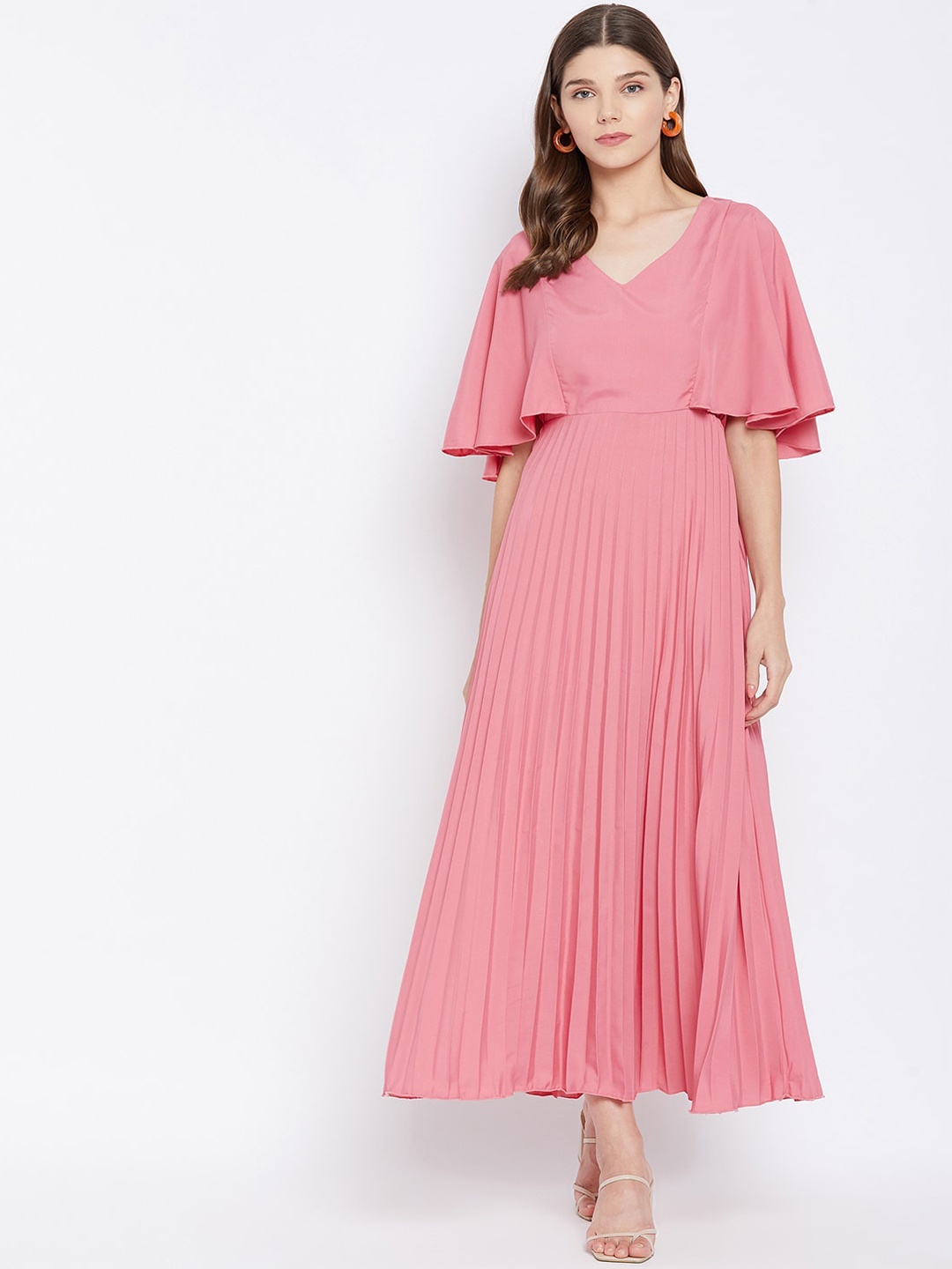 

U&F Pink Flared Sleeves Crepe Maxi Dress