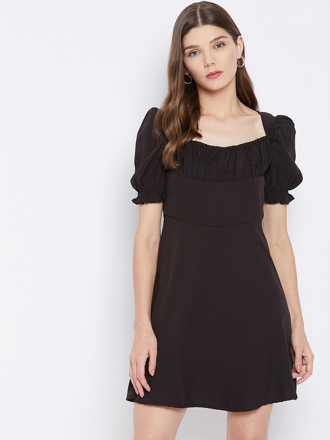 

U&F Black Puff Sleeves Crepe A-Line Dress