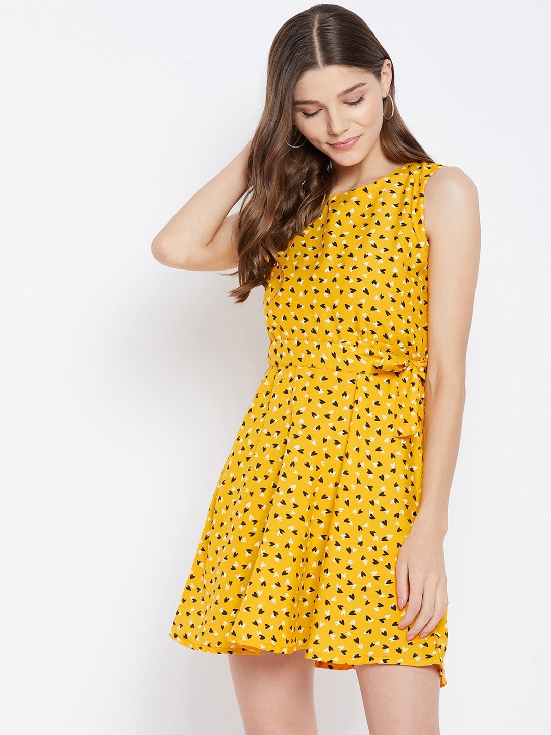 

U&F Yellow Conversational Printed Crepe Mini Dress