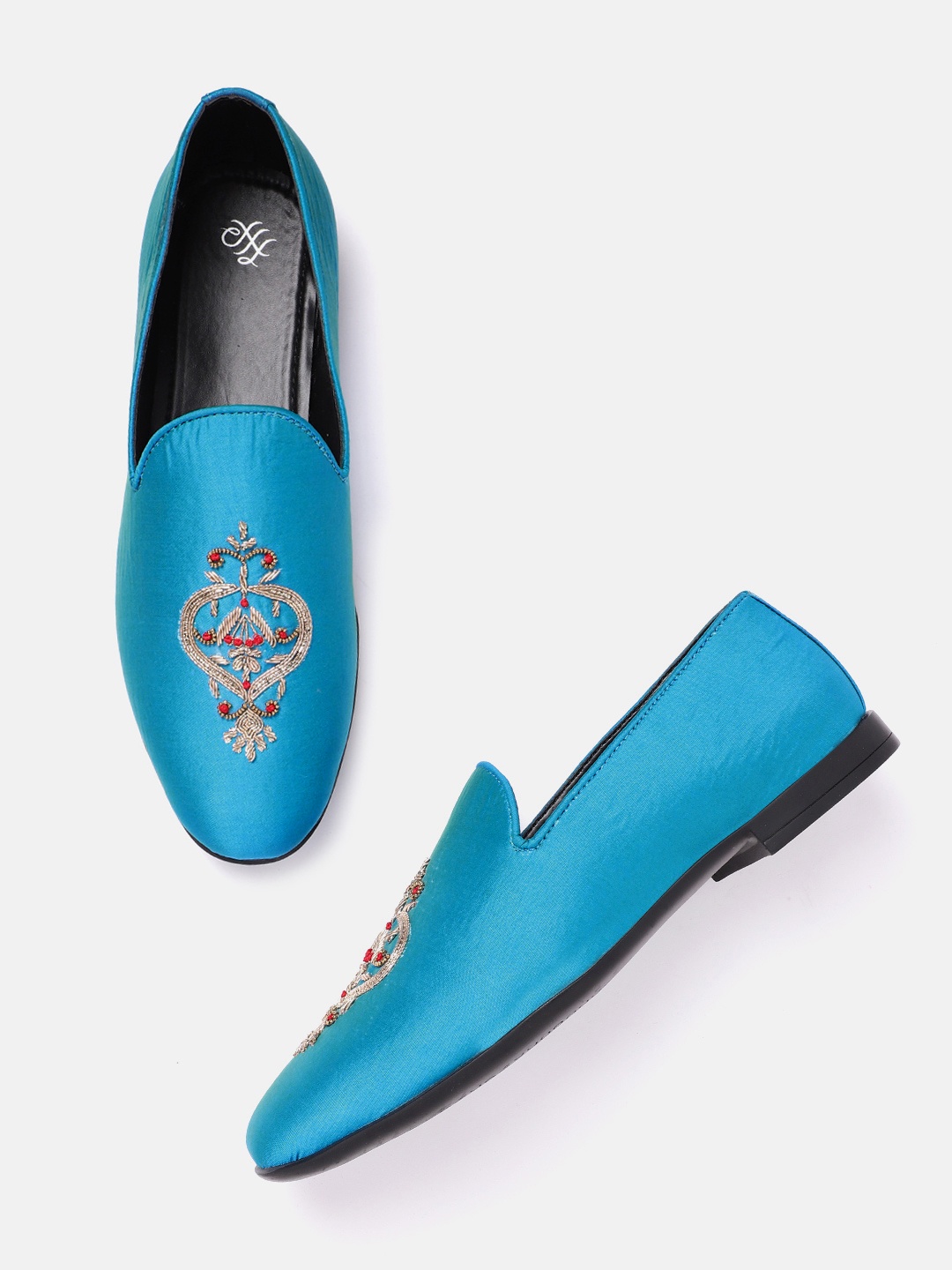 

House of Pataudi Men Blue & Gold-Toned Embellished Handcrafted Slip-Ons