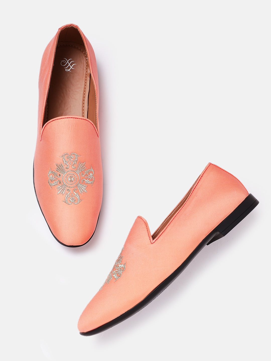 

House of Pataudi Men Coral Pink & Gold-Toned Embroidered Slip-On Sneakers