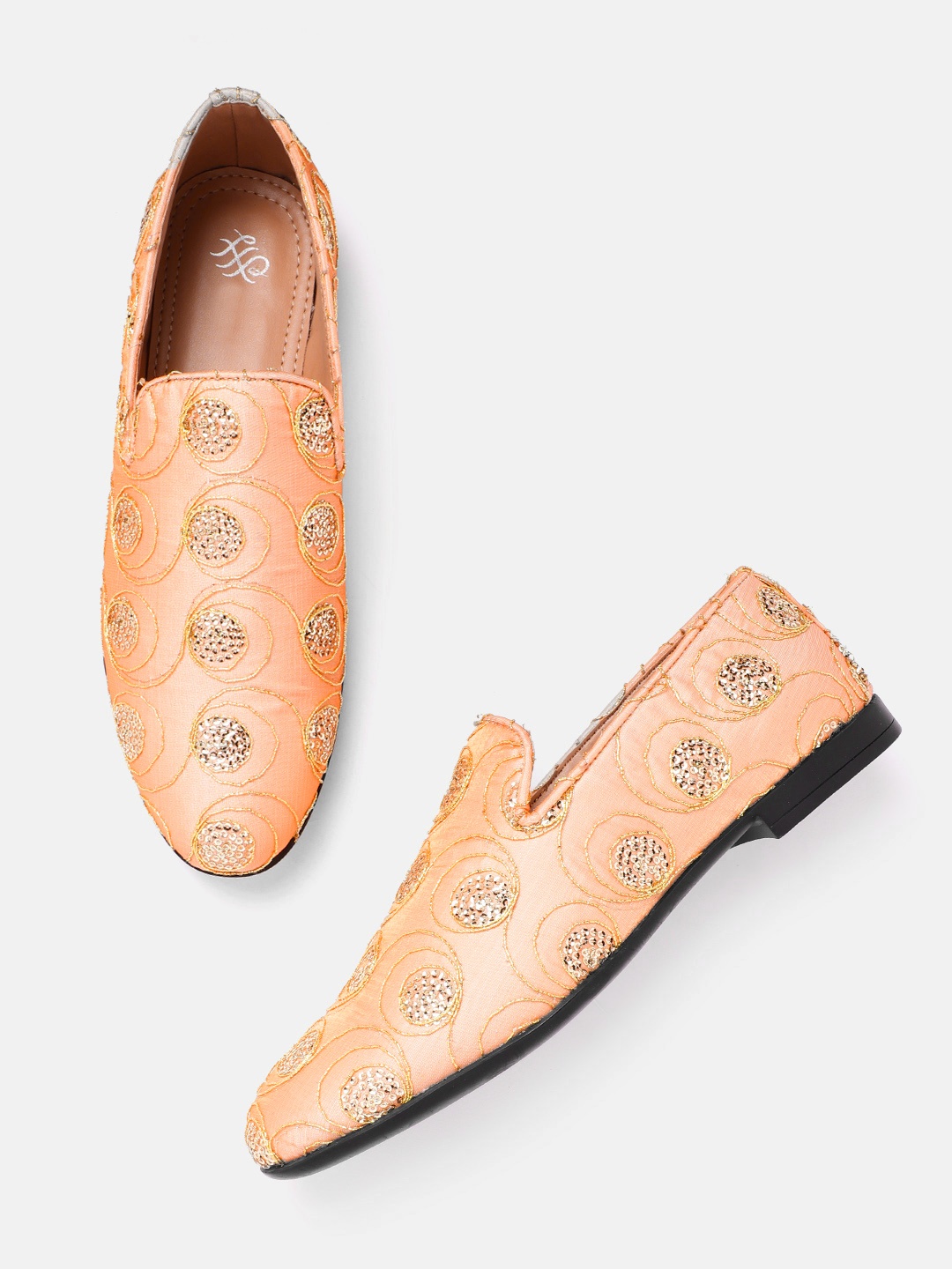 

House of Pataudi Men Peach-Coloured & Gold-Toned Handcrafted Embellished Mojaris