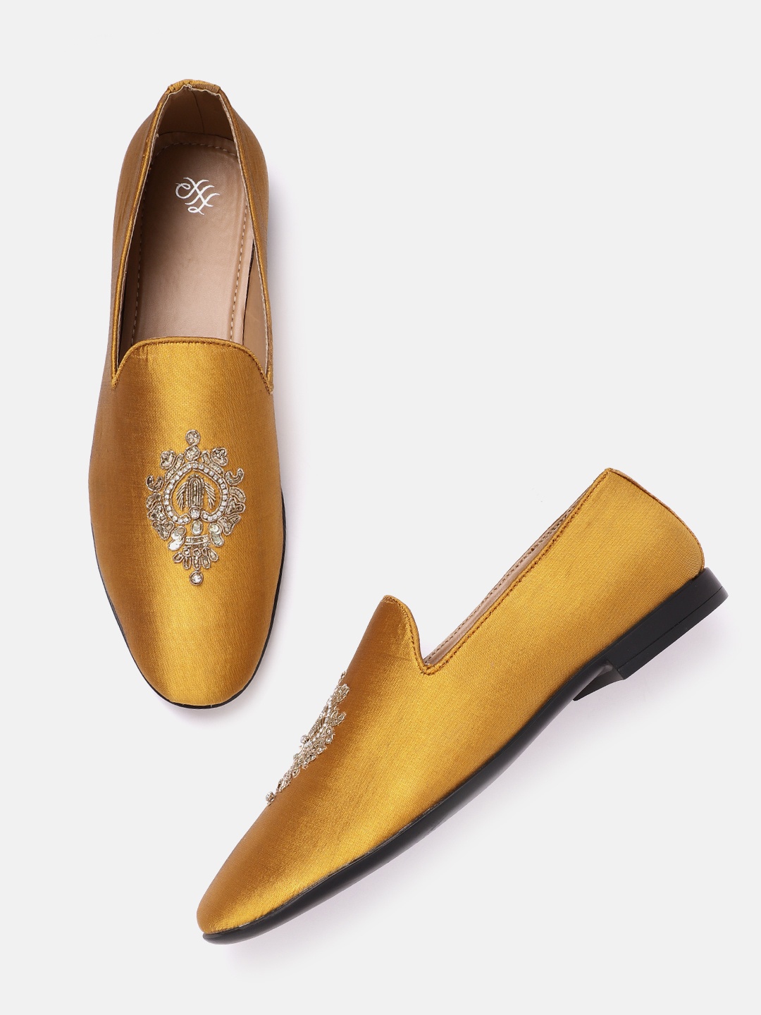 

House of Pataudi Men Mustard Yellow & Gold-Toned Embellished Handcrafted Slip-Ons