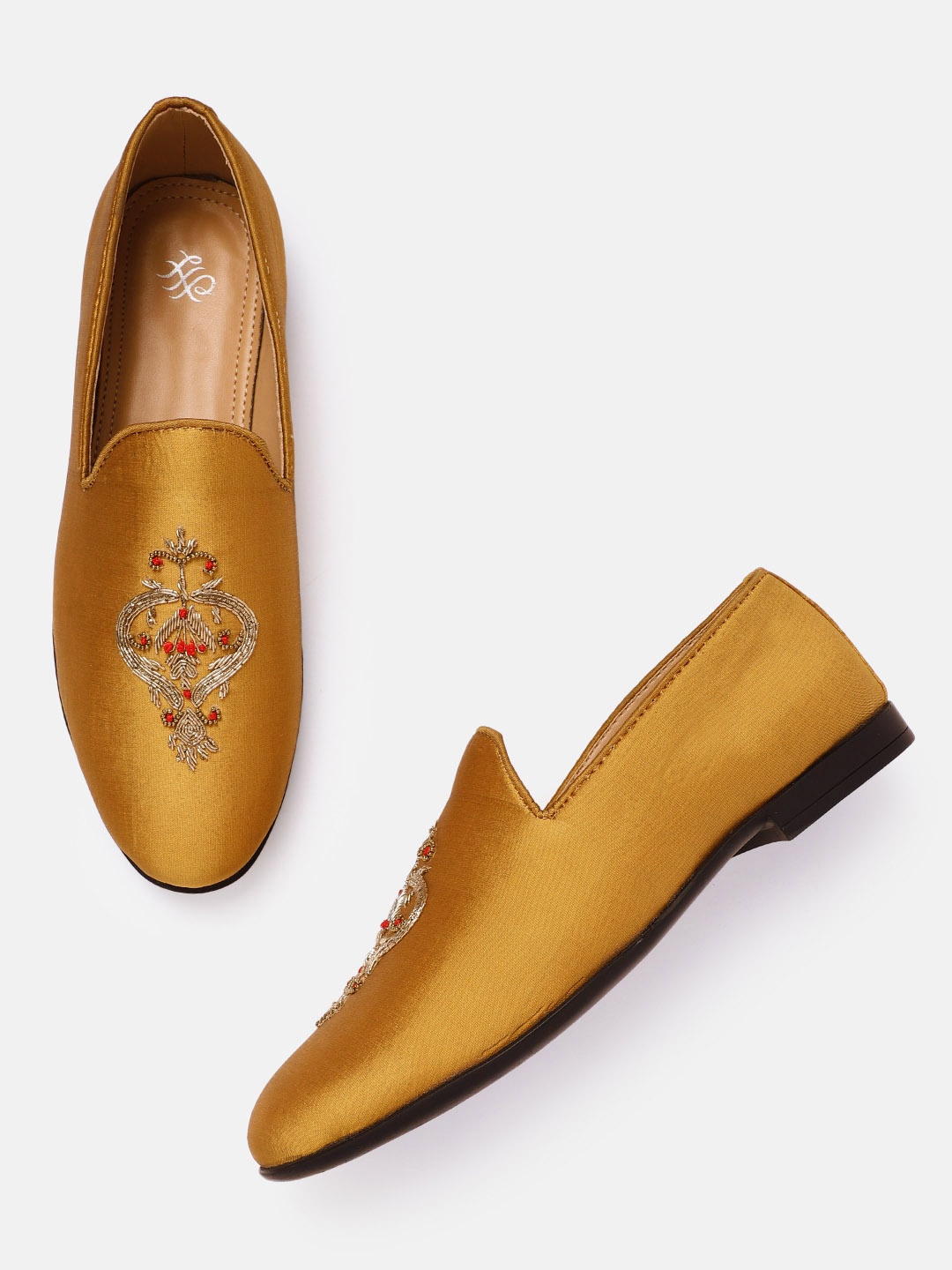 

House of Pataudi Men Mustard Yellow & Gold-Toned Embellished Handcrafted Slip-Ons