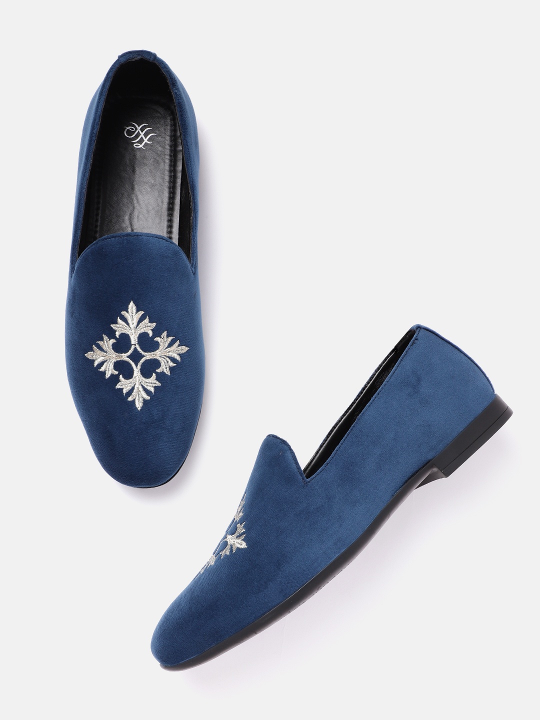 

House of Pataudi Men Navy Blue & Gold-Toned Embroidered Suede Finish Slip-Ons