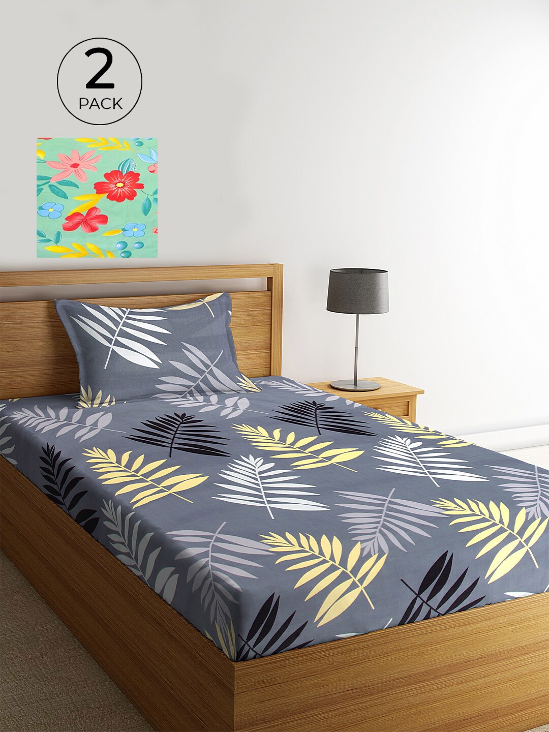 

KLOTTHE Unisex Set of 2 Printed Single Bedsheet with 2 Pillow Covers, Grey