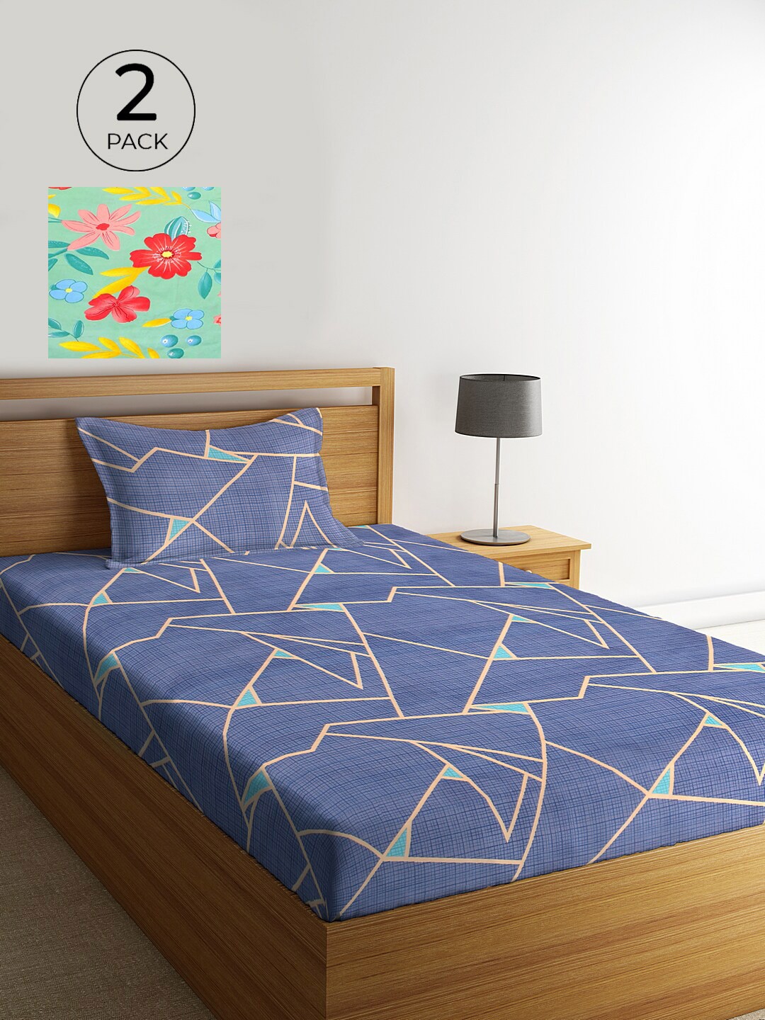 

KLOTTHE Unisex Set of 2 Printed Single Bedsheet with 2 Pillow Covers, Navy blue