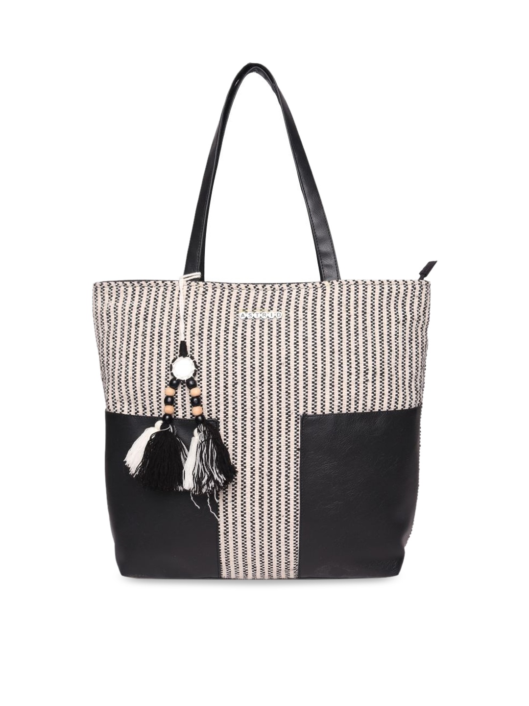 

ASTRID Black Geometric Striped Oversized Shopper Tote Bag with Tasselled