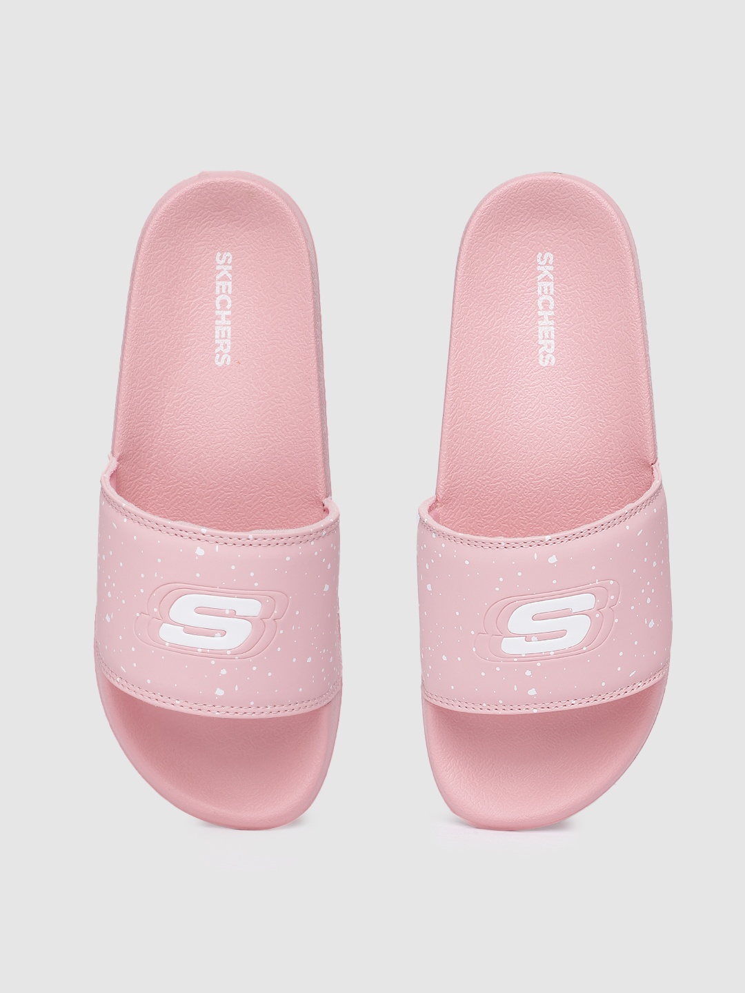 

Skechers Women Pink Solid Rubber Sliders with Embossed S & Paint Splatter Straps