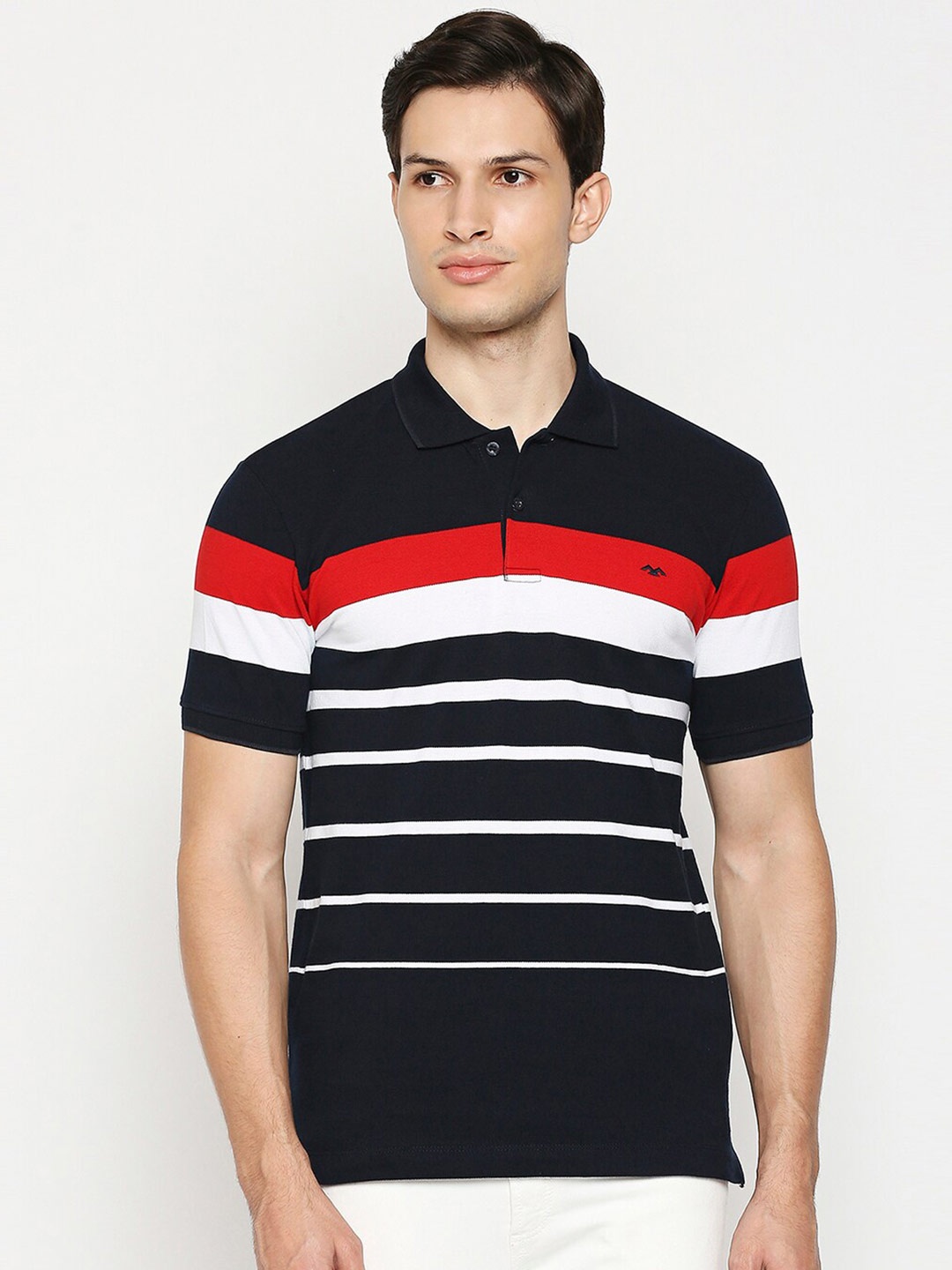 

Mufti Men Navy Blue Striped Polo Collar Slim Fit Cotton Pure Cotton T-shirt