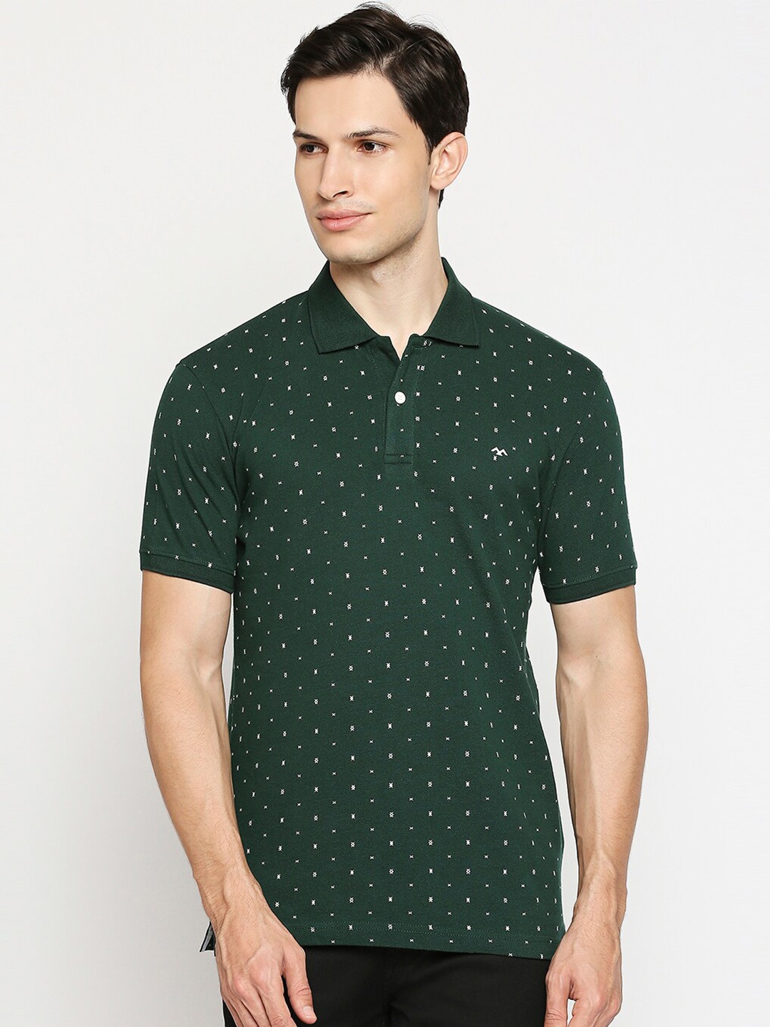 

Mufti Men Green Printed Polo Collar Slim Fit Cotton Pure Cotton T-shirt