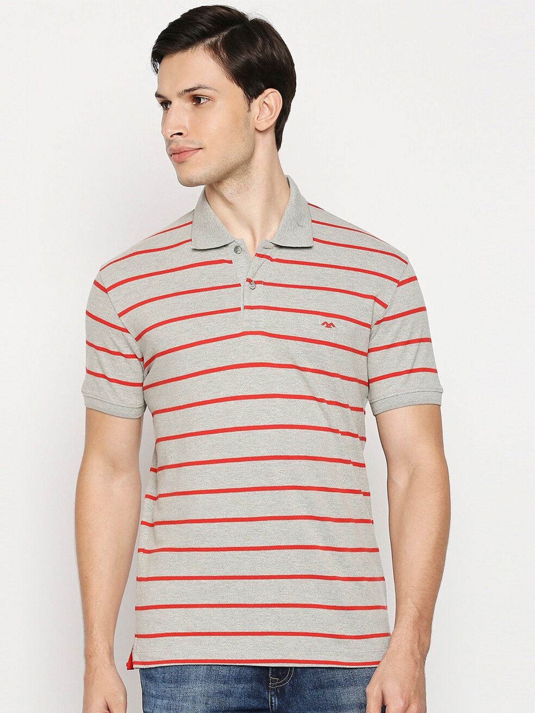 

Mufti Men Grey Red Striped Pure Cotton Polo Collar Slim Fit Pure Cotton T-shirt