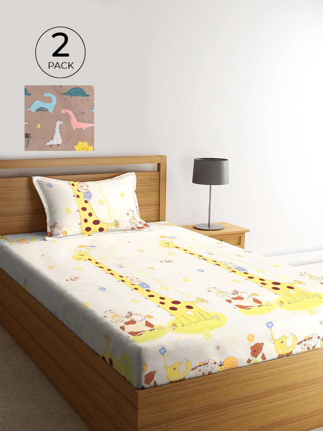 

KLOTTHE Set Of 2 White & Tan 210 TC Single Bedsheet with 2 Pillow Covers