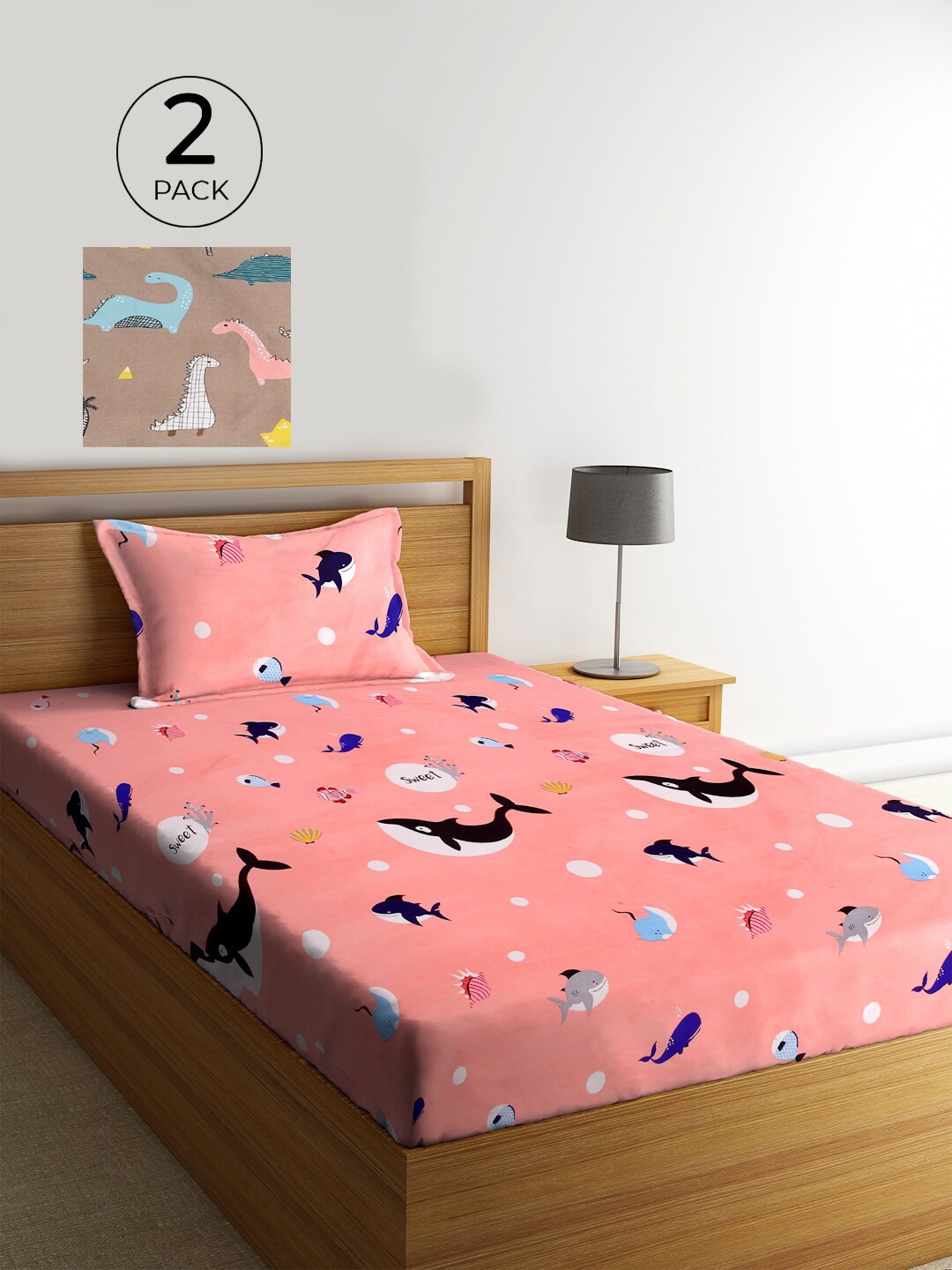 

KLOTTHE Set of 2 Pink & Tan Cartoon Characters 210 TC Single Bedsheet with 2 Pillow Covers
